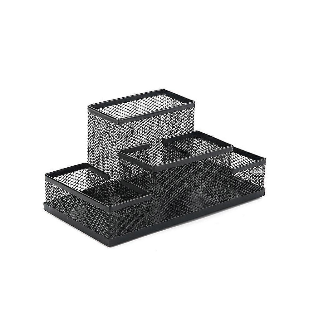 (As show, One size) Multifunctional Metal Desk Organizer Pencil Holder with Mesh Sliding Drawer Stationery Storage Box for Home Office Black