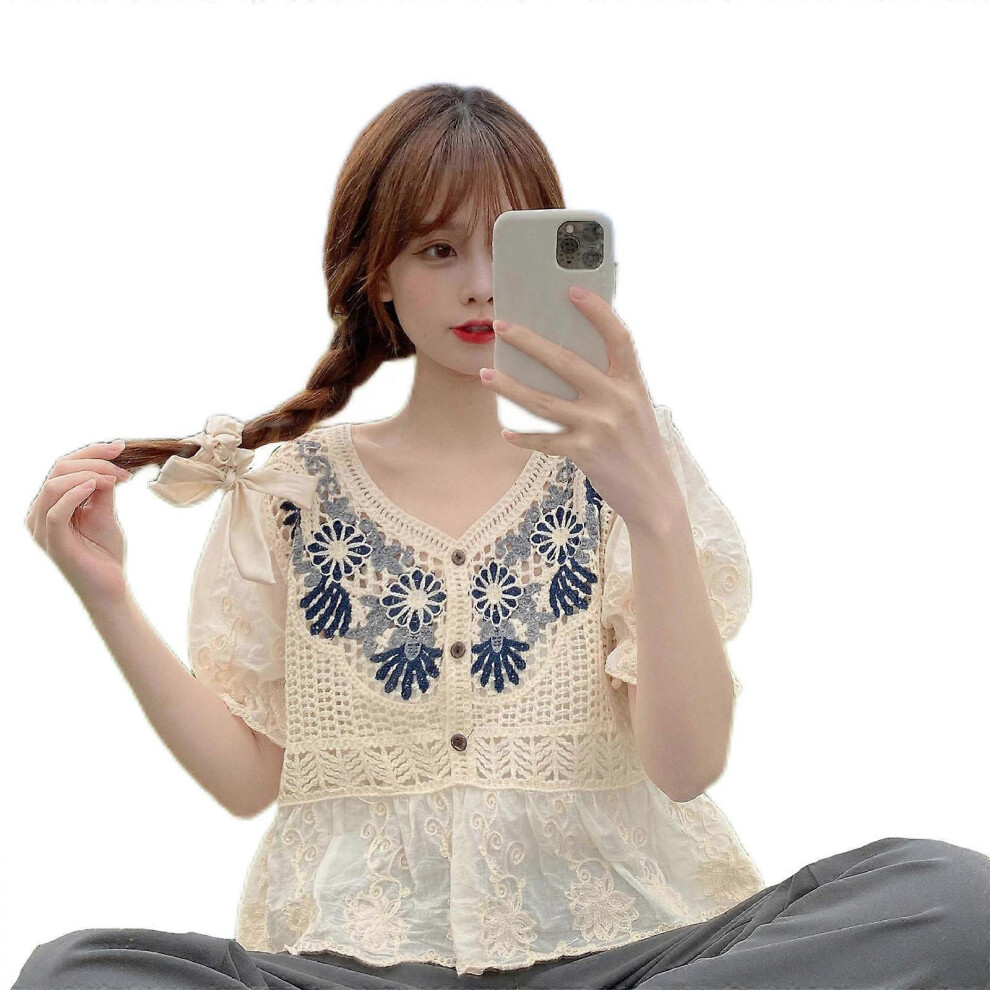 (As Show, One Size) Women Chiffon Puff Short Sleeve Blouse French Style V-Neck Button Hollow Out Crochet Knit Floral Shirts Embroidery Ruffle Hem Cove 7683012673375