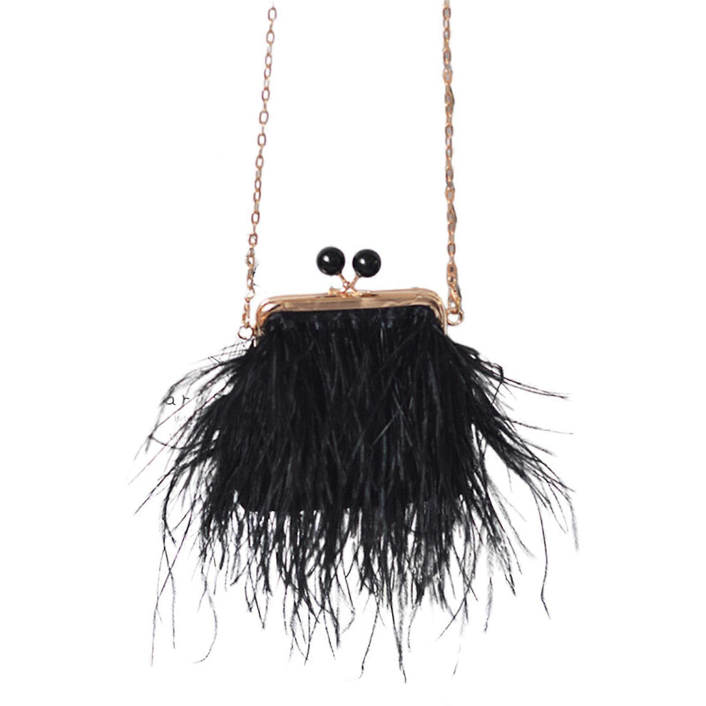 (Black, One Size) Small Clutch Bag Plush Feather Evening Bag Mini Shoulder Bag Handbag Purse With Detachable Chain For Wedding Prom Party Black 7683012673559