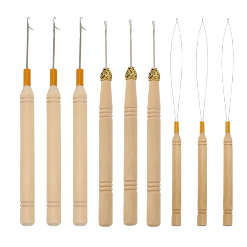 Hair Extension Tool Kit, 9 Pieces Beader Loop Needle Threader with Wood Pulling Hook Beads Device, Complete Set for Seamless Hair Fed