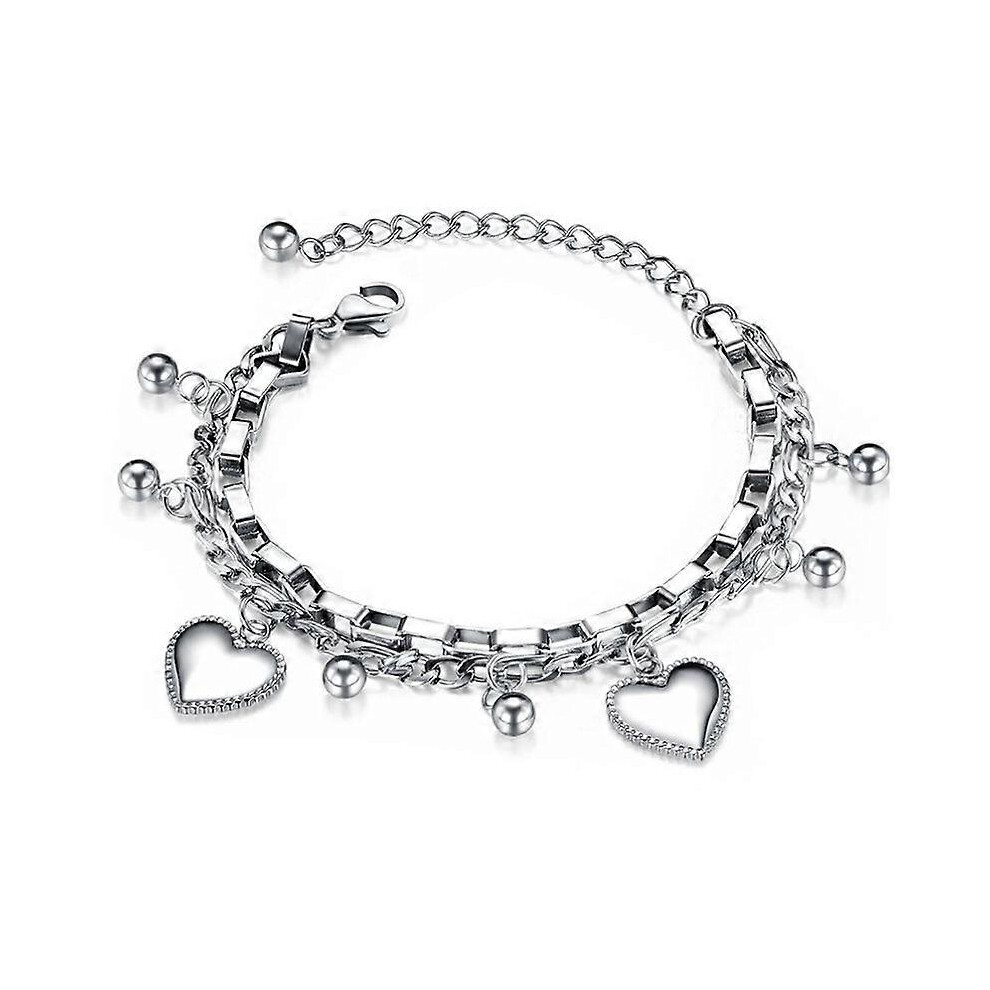 (As show, One size) Mother's Day Gift, Bracelets for Women, Stainless Steel Double Link Bracelet with Heart Charm for Girls Ladies