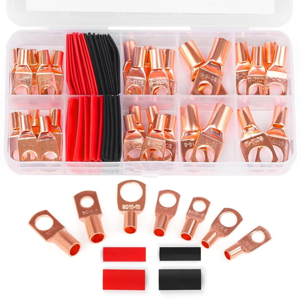 60-Pack Ring Crimps Terminals Connectors - Oxygen-Free Copper Tube Connectors For Automotive/Marine/Electrical Systems, Battery Clamp Red 6920702335078