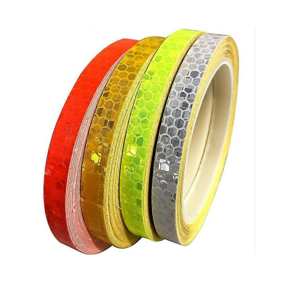 (As show, One size) 4pcs Reflective Tape for Safety Warning Tape Safety Marking Tape (10mm 8m, Red+Green+Yellow+White)