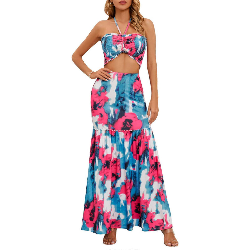 (As show, One size) Floral Maxi Dress Halter Maxi Dress Boho Maxi Dress Beach Maxi Skirt Set Crop Top Skirt Set 2 Piece Outfit Beach  Red S-image-OPC-PHQC7MQ-NEW