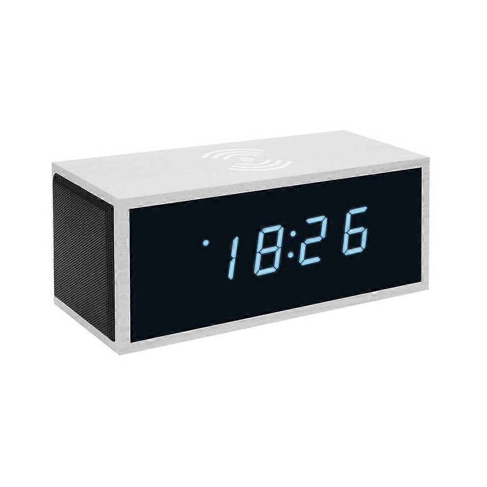 (As show, One size) Creative Smart Multifunctional Wireless Charging Alarm Clock Wooden Bluetooth Speaker LED(White)