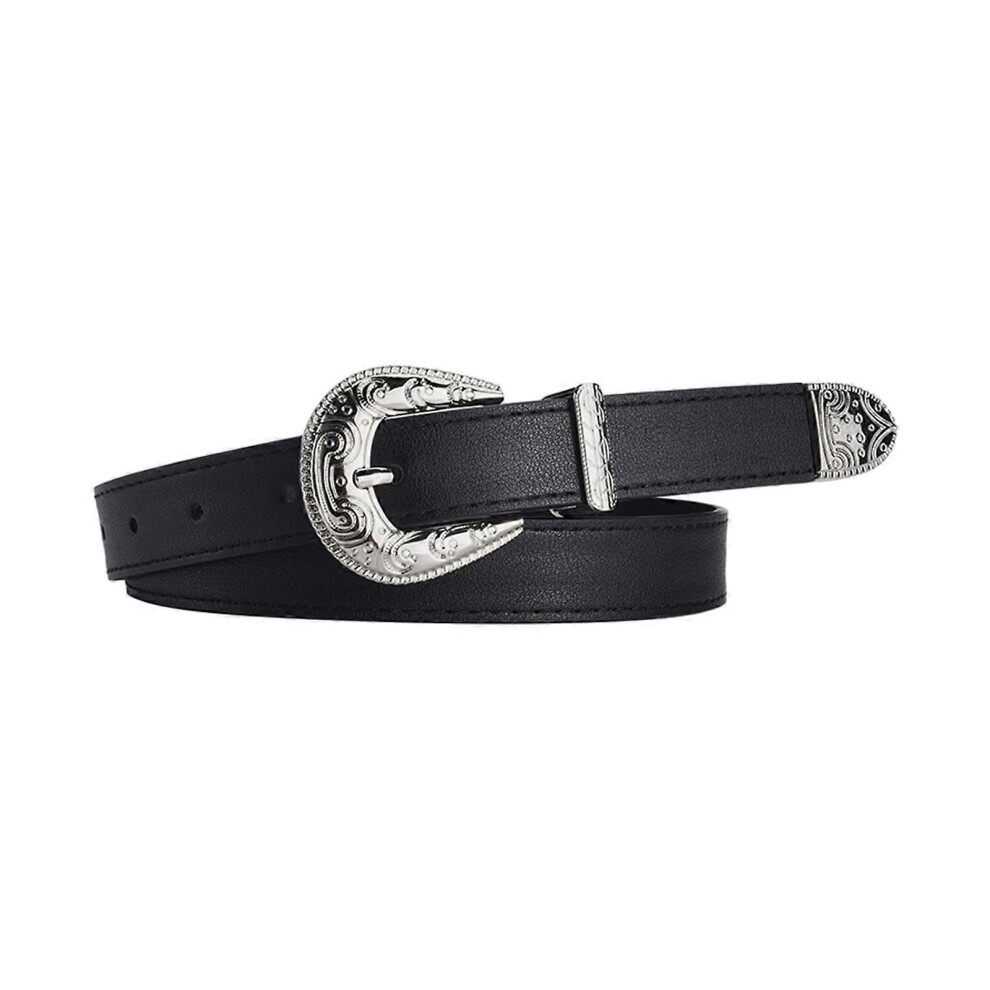 (Black, One Size) Simple Adult Waist Belt With Adjustable Carved Floral Buckle Waistband Pu Waist Belts For Women Universal Jeans Belt Black 7683012665066