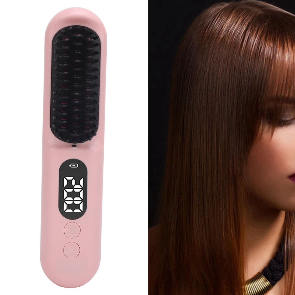 Pink Heated Hair Straightening Brush Negative Ions 30S Fast Heating Rechargeable Hair Straightener Comb