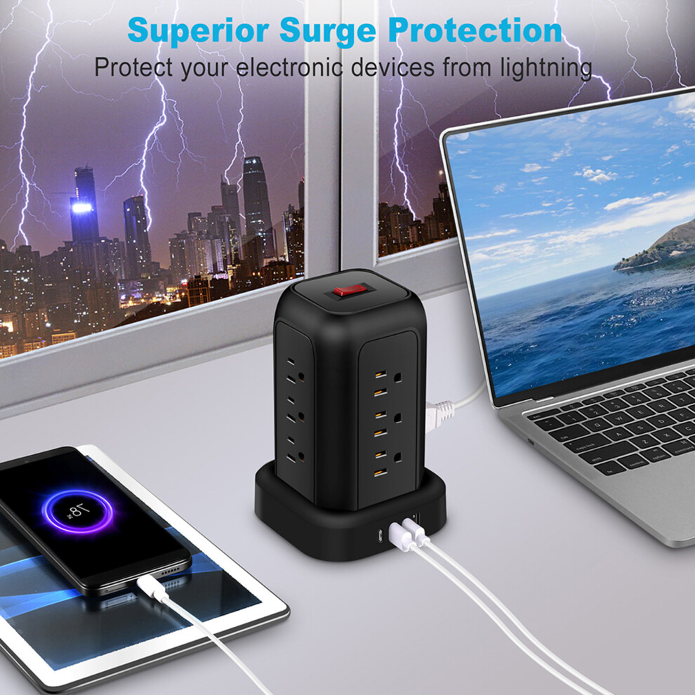 Tower Plug Power Strip Tower 12 Outlets, USB*3 Type-C*1, 5.1 Ft Power Strip with 45 Plug, 2000W 13A, Superior Surge Protection, Overload P