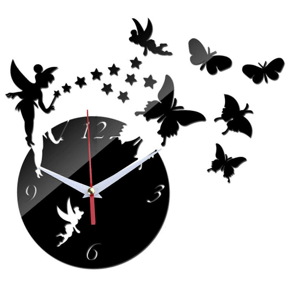 (As Show, One Size) Europe Style Diy 3D Mirror Acrylic Wall Clock Sticker Fairy Stars For Butterfly Decor Living Room Bedroom Home Decoration Black 7683012650802