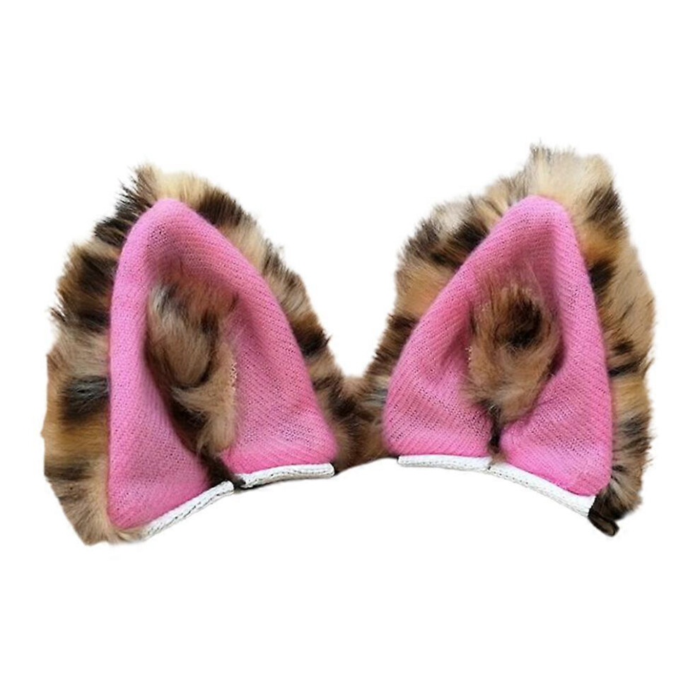 (Leopard Print Pink, One Size) 1 Pair Lolita Anime Faux Fur Kitten Wolf Ears Hair Clips Realistic Fluffy Plush Animal Hairpins Snap Barrettes Hallowee 7683012649400