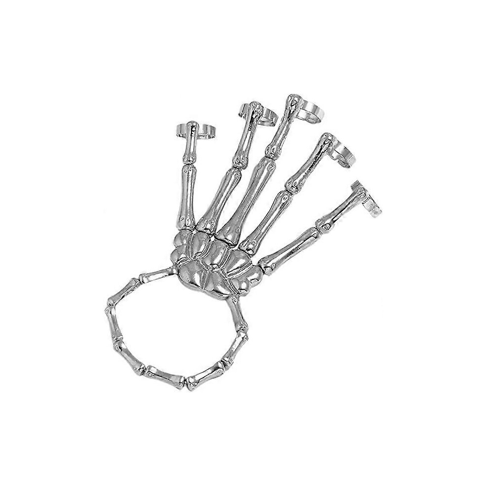 (As Show, One Size) Punk Wristband (Silver) Skull Finger Metal Skull Bracelet With Ring Exaggerated Metal Skull Finger Bone Joint Bracelets Women Girl Silver