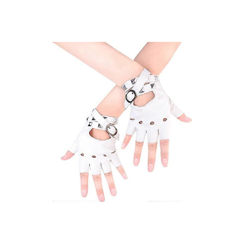 (As show, One size) Women's PU Leather Punk Gloves (White) Studded Strap or Buckle Half Finger Performance Gloves