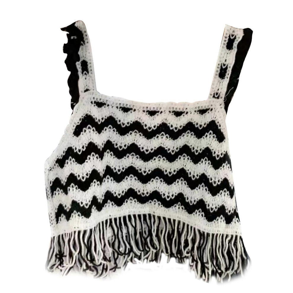 (Black, One Size) Ethnic Knit Tassel Hem Short Crop Top For Women Summer Crochet Embroidery Striped Ruffle Trim Sleeveless Camisole Vest Black 7683012656019