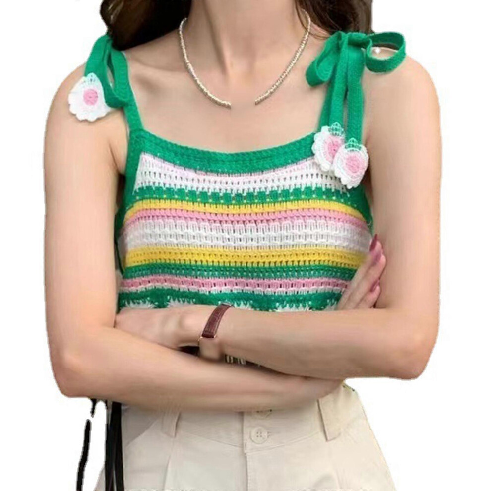 (Green, One Size) Ladies Crocheted Camisole Sexy Lace Up For Tank Tops Ins All-Match Embroidery Crop Tops Women's Colorblock Knitted Vest Green 7683012656200