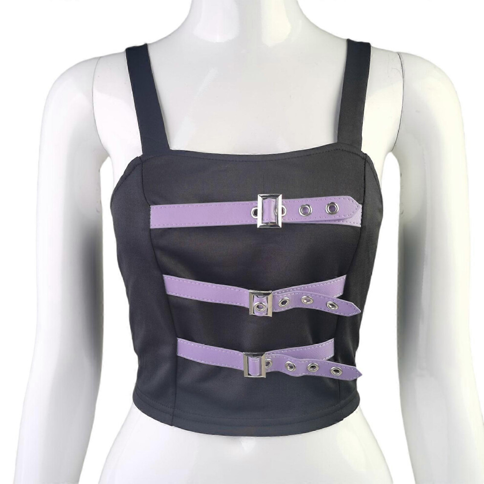 (M, One Size) Women Dark Gothic Punk Spaghetti Strap Crop Top Harajuku Contrast Color Buckle Belt Patchwork Camisole Slim For Tank Ves S 7683012649028