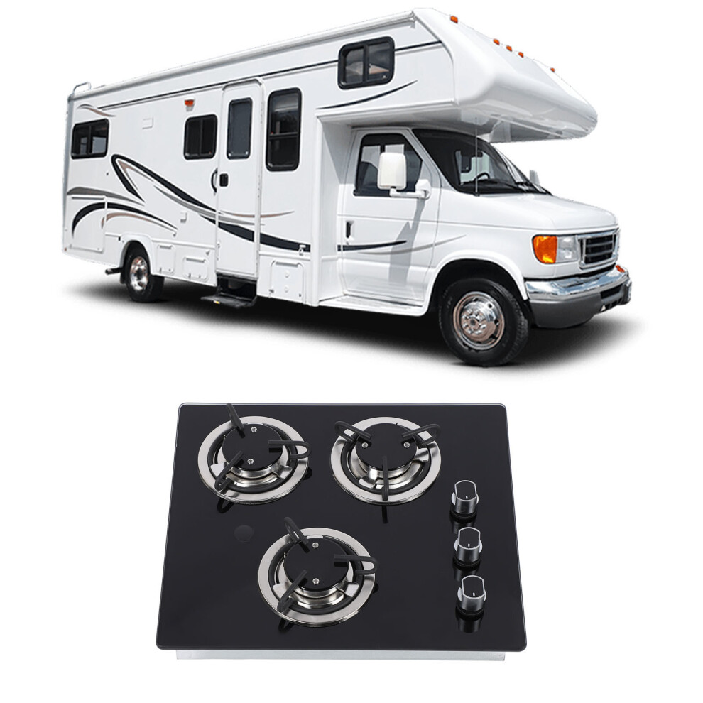 RV Gas Cooktop 1.8Kw 3 Burners Tempered Glass Gas Cooktop LPG Gas Stove Electronic Pulse Ignition Gas Hob for Boat Caravan Camper