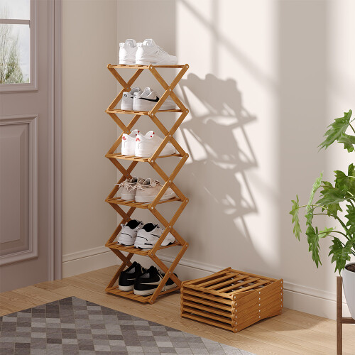 Living And Home (Light Brown, 6-Tier) Bamboo Folding Shoe Rack