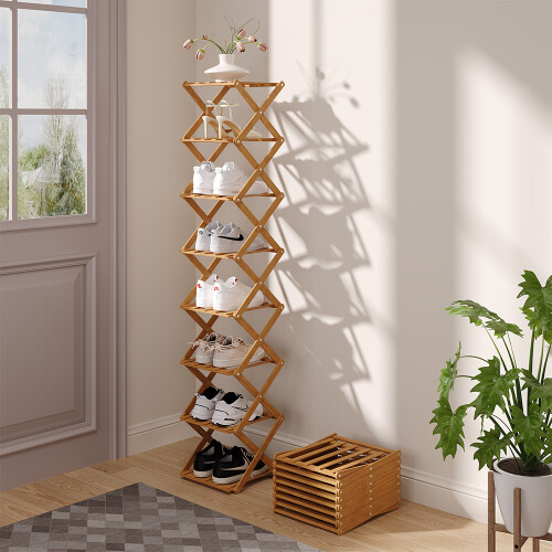 Living And Home (Light Brown, 8-Tier) Bamboo Folding Shoe Rack 2
