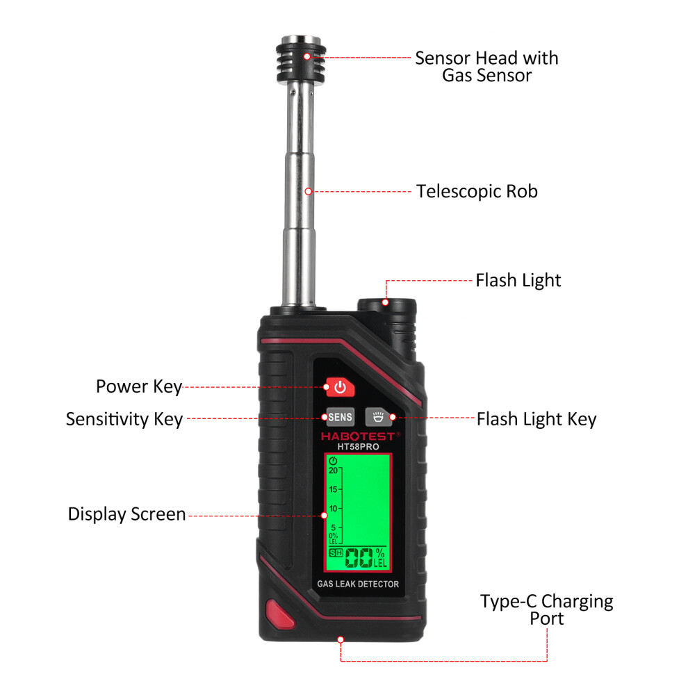 Habotest Ht58pro Rechargeable Natural Gas Detector Gas Leak Detector With 11.5-Inch Extendable Probe %Lel Propane Leak Detector With Built- 8701313884739