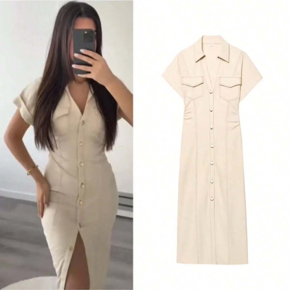 (Beige, M) ETJ 2025 traf Spring New 1975 series denim MIDI dress with lapel side zipper fashion wrinkle waist slim elegant dress