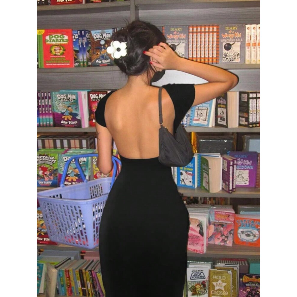 (black, S) Nibber Solid Sexy Backless Maxi Dress Women Elegant Elastic Slim Short Sleeve Long dresses Female Bodycon Streetwear Clothing