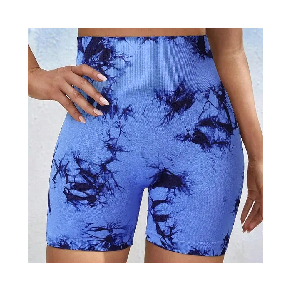 (Blue, S) Tie-Dye Yoga Shorts for Women High Elastic Gym Shorts Push Up Sports Shorts Running Workout Fitness Women Short Sports Leggings