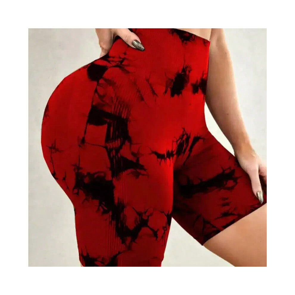 (RED COLOR, L) Tie-Dye Yoga Shorts for Women High Elastic Gym Shorts Push Up Sports Shorts Running Workout Fitness Women Short Sports Leggings