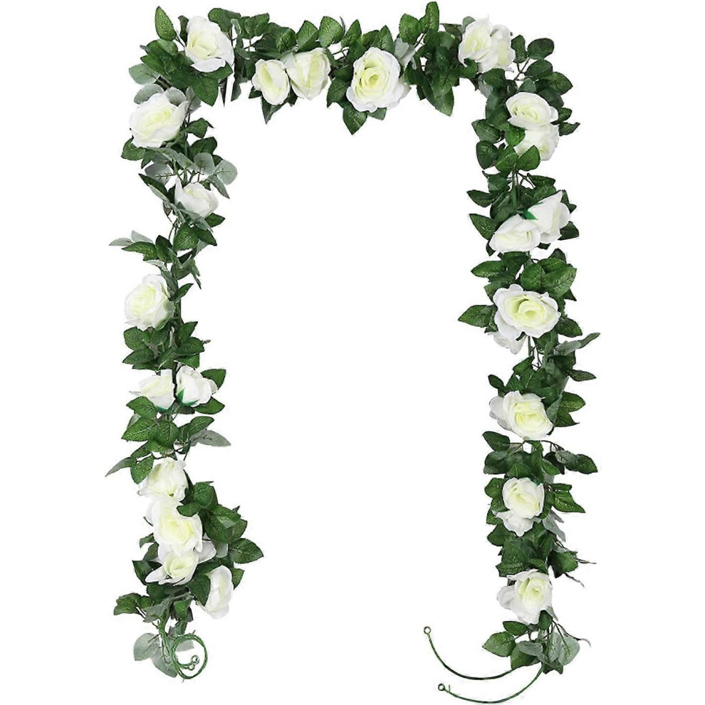 (As show, One size) 2 packs of artificial rose vines (2.2m white), fake flower art, outdoor indoor hanging decoration, home kitchen, garden, office, wedding, hotel, party