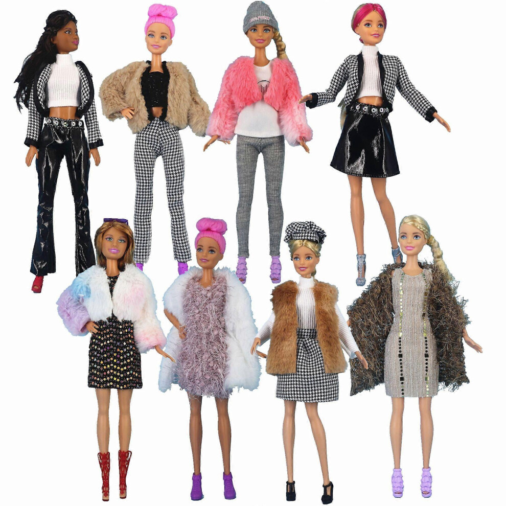 (As show, One size) 8 pieces fashion fur jumper coat shawl doll clothes set, 11 inch clothes for girl dolls, play house children's wardrobe, fairy costume toys