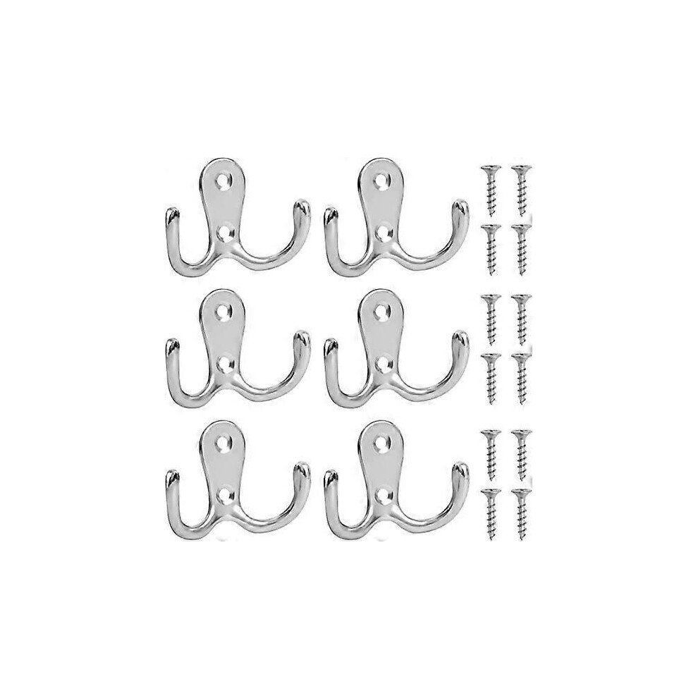 (As show, One size) 6-piece double pronged robe hook (silver), double coat hook door hook, with 12 screws chrome wall hanging hook, used for hanging hats, ties, clothes,