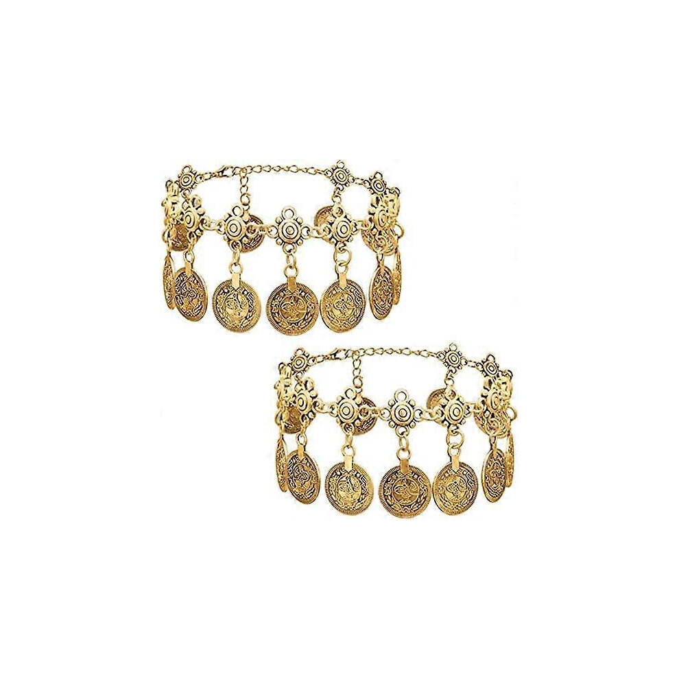 (As show, One size) 2PCS women's beach anklet (gold) tribal coins tassel gypsy anklet adjustable bohemian anklet jewelry