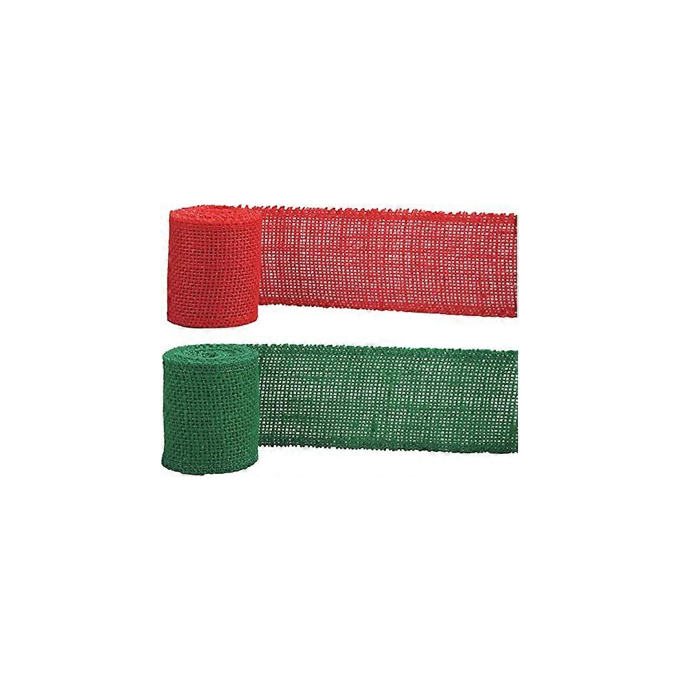 (As show, One size) 2 rolls of Christmas burlap silk ribbons, Heisen burlap jute fabric silk ribbons, red and green burlap silk ribbons, DIY handmade crafts, Christmas tr