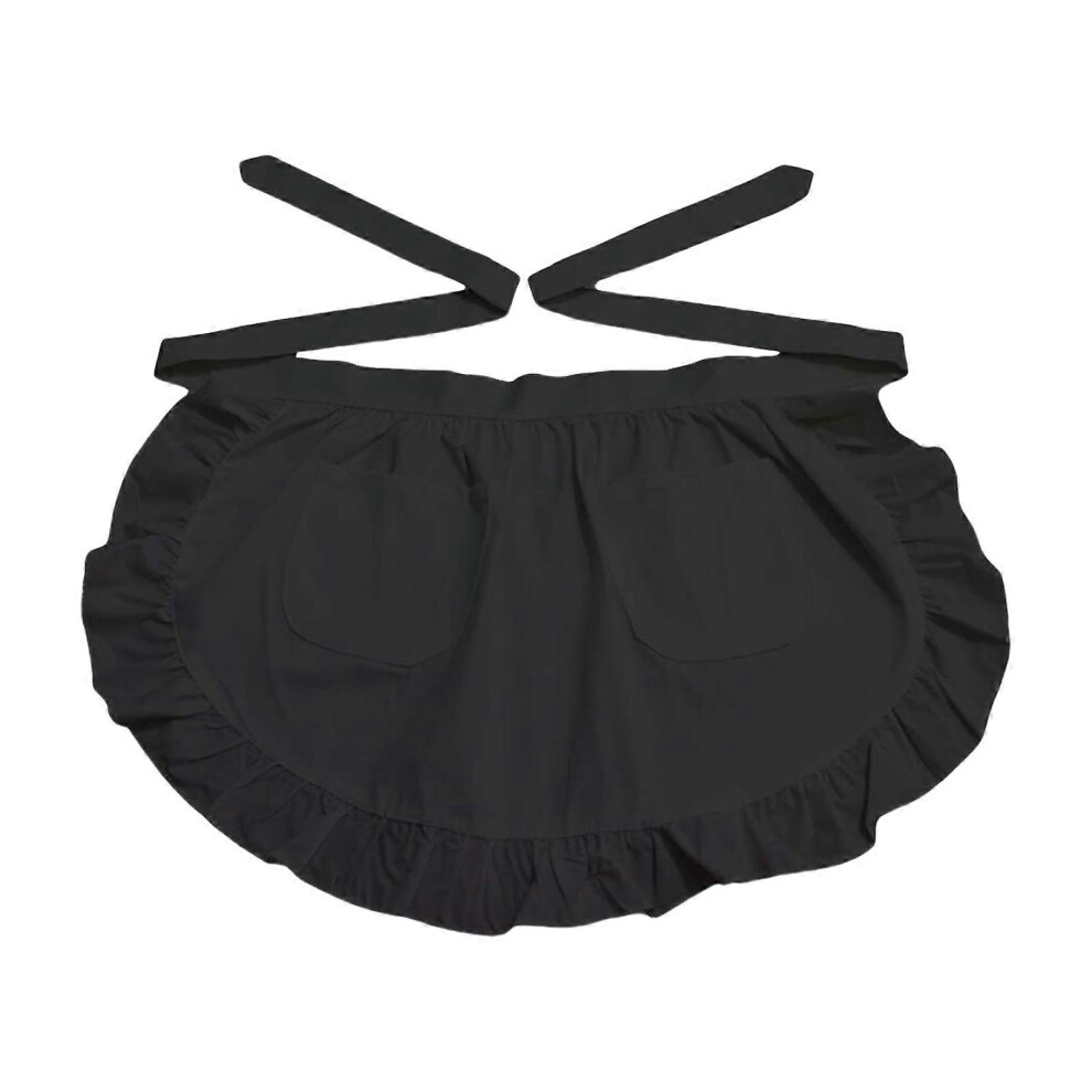 (Pink, One Size) Women's Ruffled Frilly Styles Maid Costume Half Apron Vintage Waist Apron With Pockets For Kitchen Baking And Event Black 7683012644184