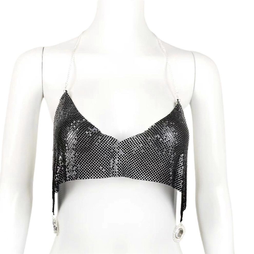 (Black, One Size) Women Sequins Sparkle Glitter Tank Tops V Neck Spaghetti Strap Backless Chain Halter Crop Top Party Blouses Clubwear Black 7683012643569
