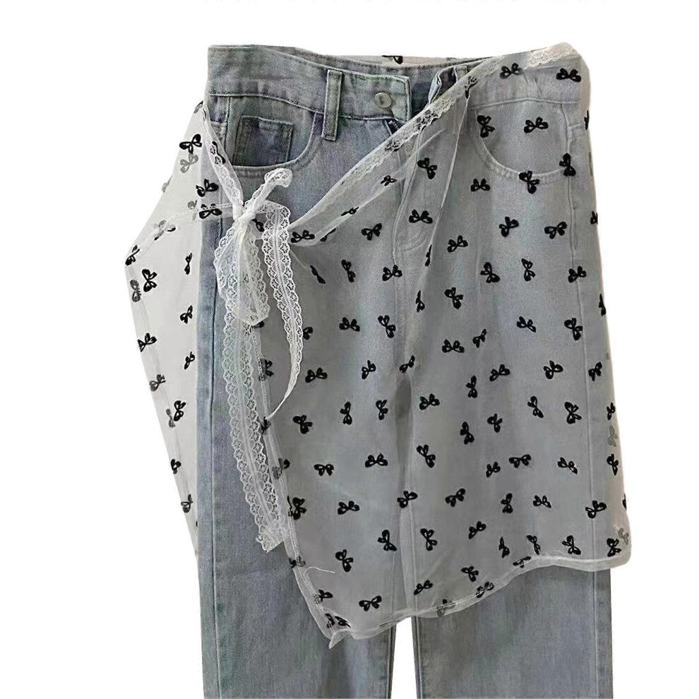 (Small Fries, One Size) Women Aesthetic See Through Lace Apron Skirt Vintage Tie Up Bowknot Pattern White Sheer Covering Overskirt Streetwear Black B 7683012643323