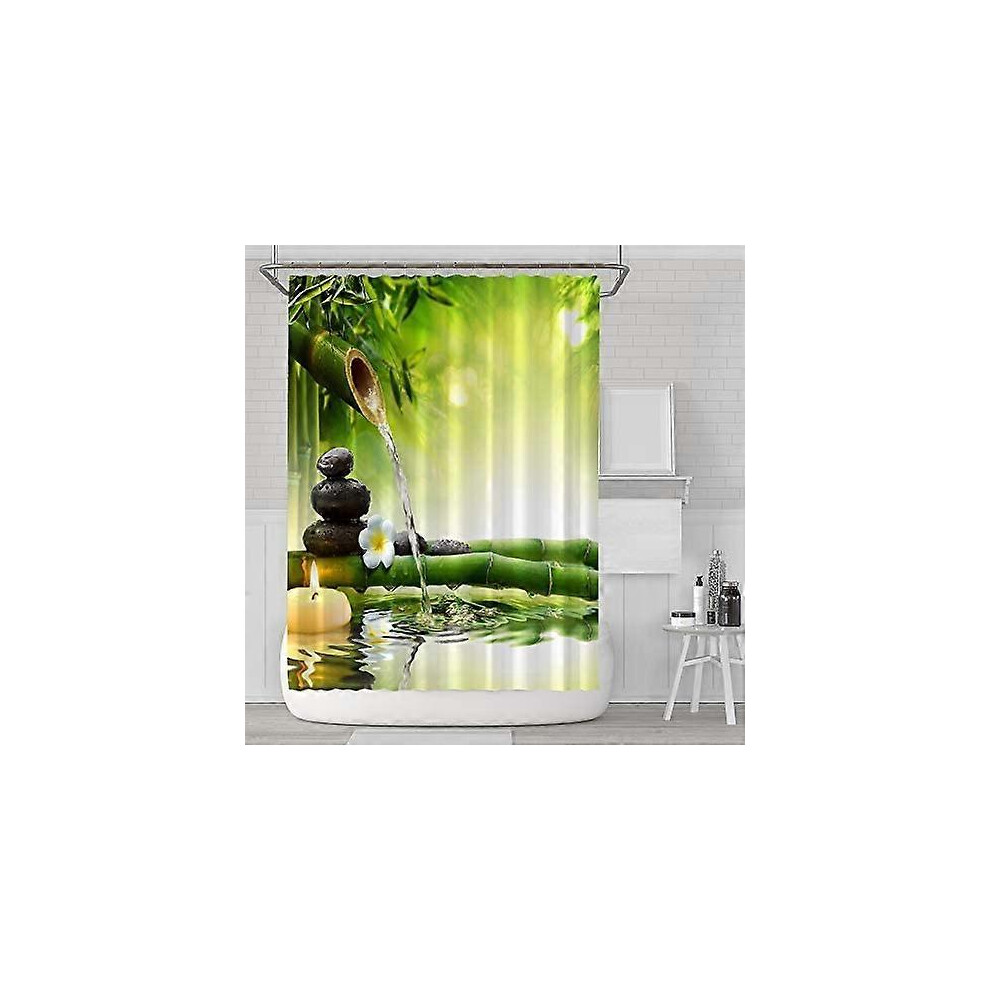 (As show, One size) Shower Curtain Waterproof Mildew Proof Polyester Fabric Machine Washable Shower Curtains with 12 Hooks for Bathroom 180x180cm (Green Bamboo)