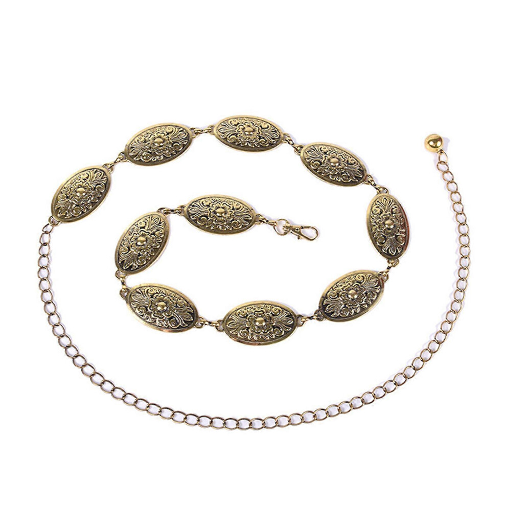 (Gold, One Size) Delicate Carved Flower Buckle Waist Chain Women Coat Dress Belt Thin Waistband Shinning Slimming Waist Adjustable Belt Gold 7683012645471