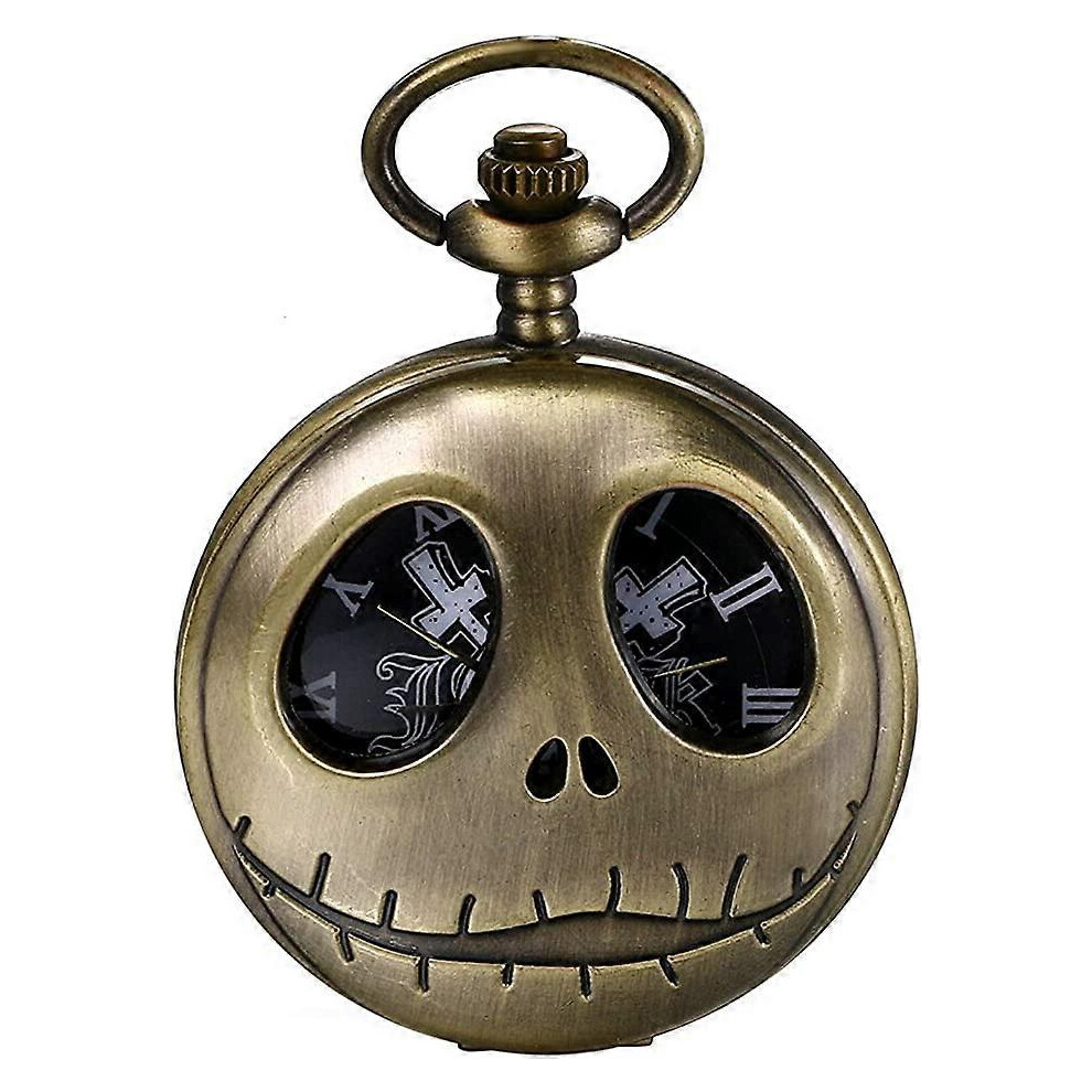 (As show, One size) Retro Pocket Watch for Men and Women Skull Case Dial Antique Bronze Necklace