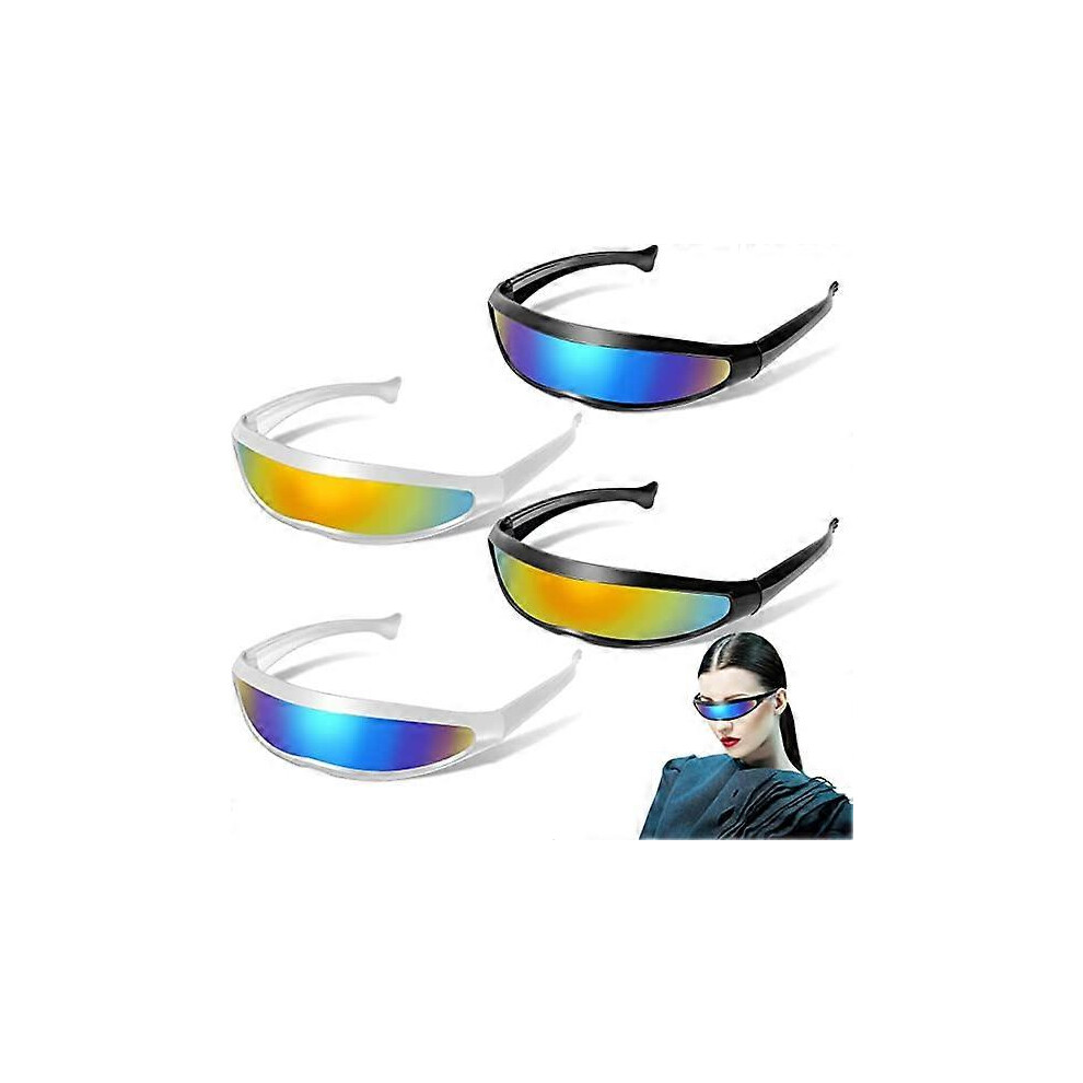 (As Show, One Size) 4 Bags Of Futuristic Glasses ( And White) Narrow Cyclops Shape Sunglasses White Frame Mirror Lenses Role Playing Costum Black