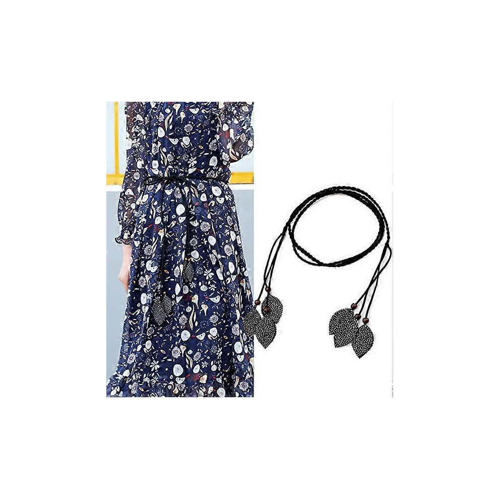 (As show, One size) Woven tie rope, leaf sequin dress chain (black), belt gift belt, women's Bohemian woven bead thin waist rope belt, self knotted belt