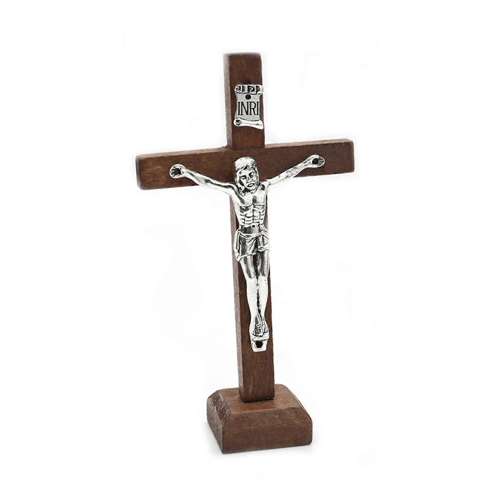 (Brown, One Size) Wooden Catholic Jesus For Cross Crucifix With Stand Religious Prayer Tabletop De Brown 7683012640896