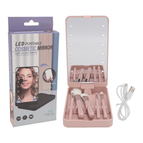Make-up-Pinsel-Set mit LED-Spiegel, rotierbar -300mAh 1