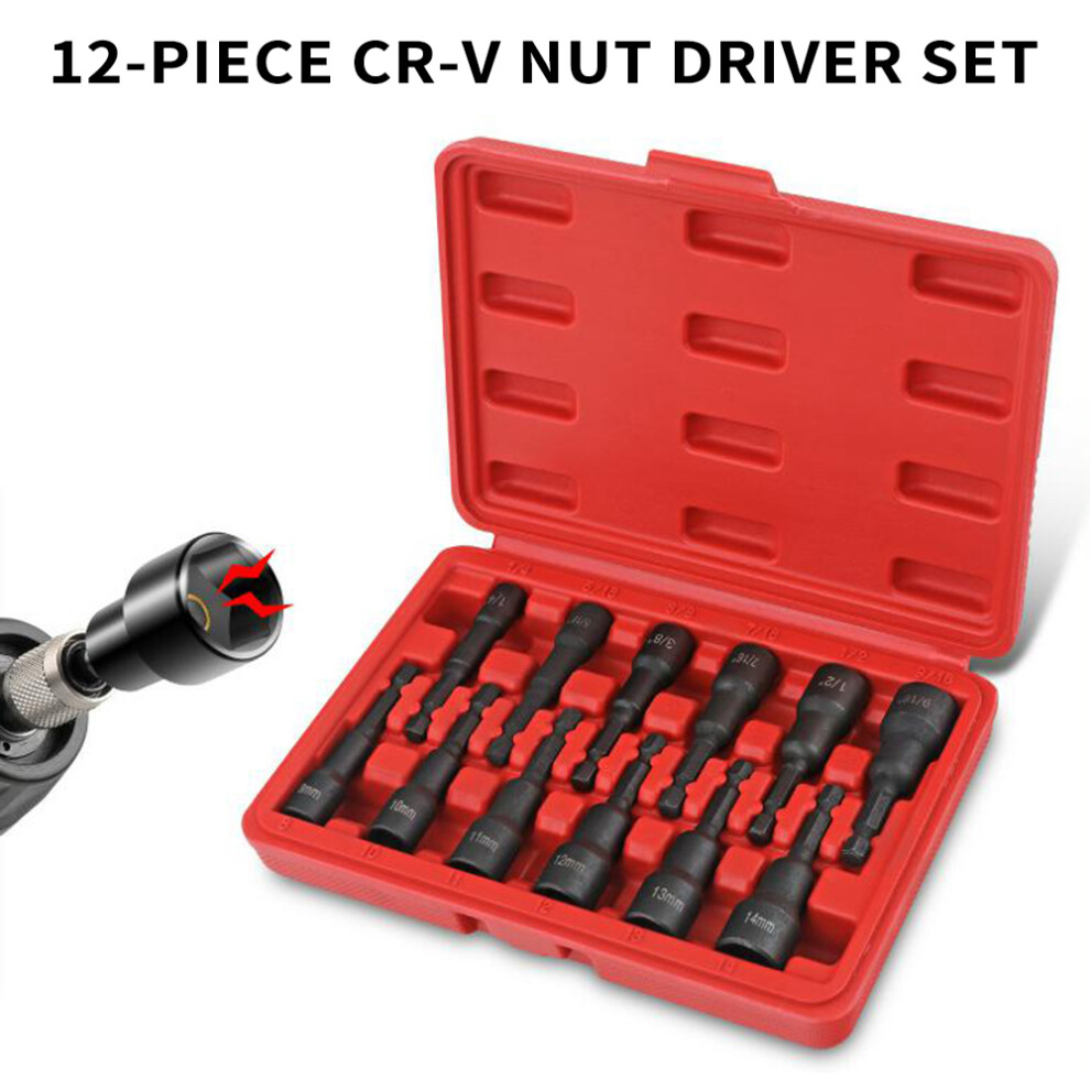 12-Pack Magnetic Nut Driver Set, Chrome-Vanadium Steel Impact Power Hex Nut Driver Drill Bit Master Kit, SAE & Metric Size, 1/4-Inch Quick-