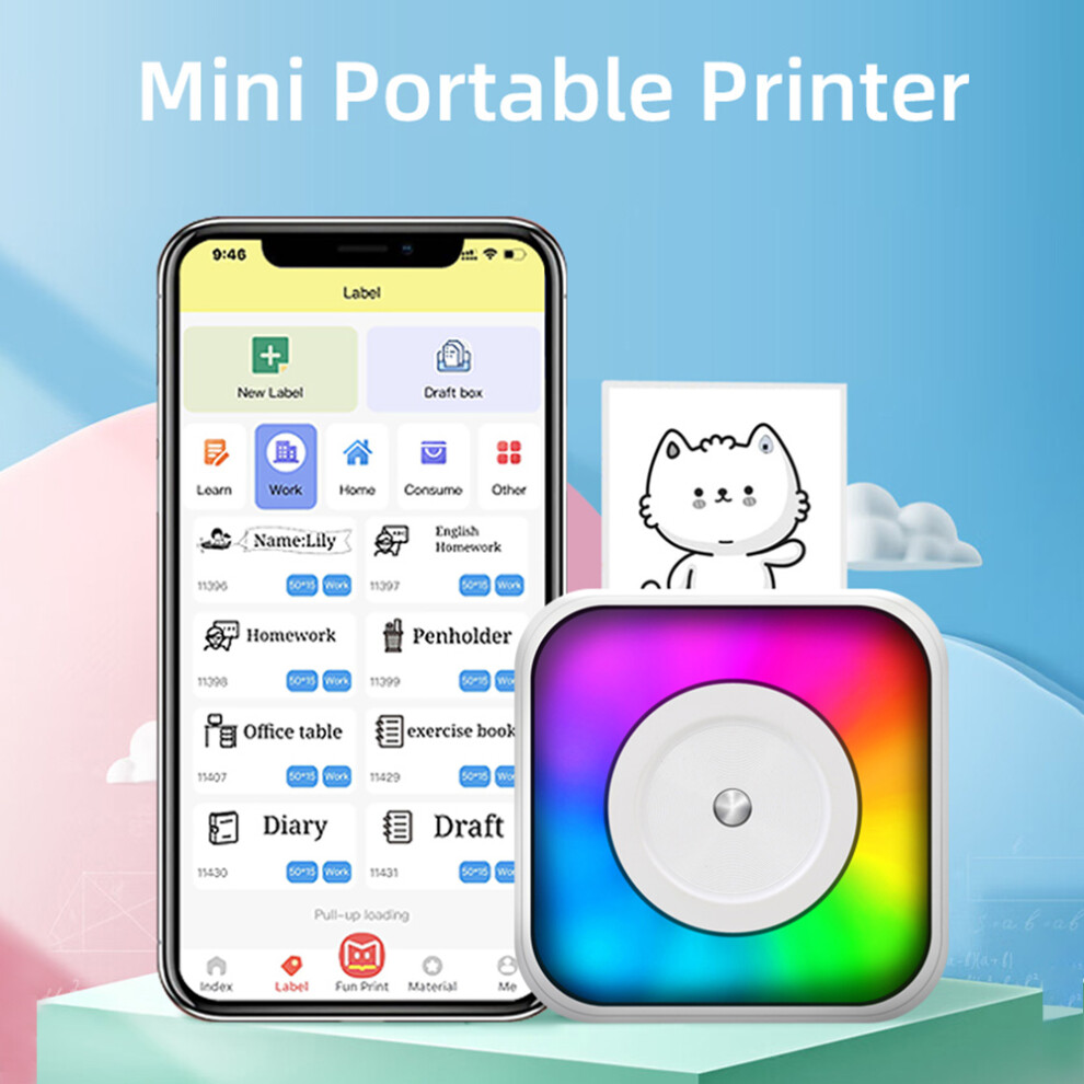Mini Thermal Printer Multifunction Portable Sticker Maker With Rgb Instant Photo Inkless Printing Support Bt Connection For Smartphon Light 9391313971998