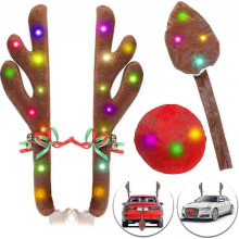 Reindeer Antlers for Cars, Reindeer Christmas Antlers Car Kit with Led Lights, Reindeer Car Kit Antlers, Nose, Tail, Top & Grille Rudolph Reindeer Jin