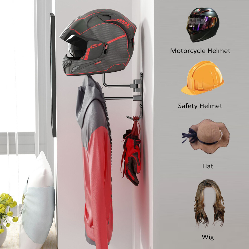 Motorcycle Helmet Rack, Wall Mount 180 Degree Rotation Helmet Holder Helmet Hanger with 2 Hooks for Coats, Caps, Hats, Motorcycle Accessori