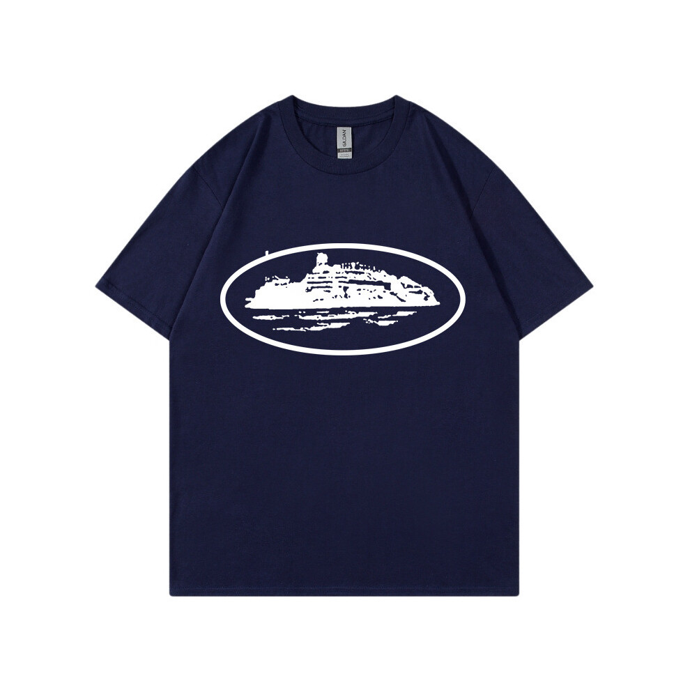 (Navy, L) Corteiz Alcatraz Summer Round Neck Short Sleeve T-Shirt with Letter Logo Print