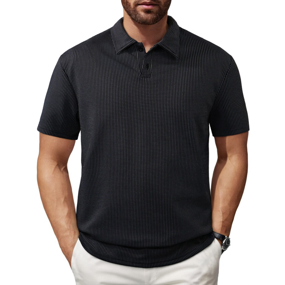 (Black, M) 2025 Summer New Men's Casual Polo Shirt Striped Turn-down Collar Short Sleeve European Size T-shirt