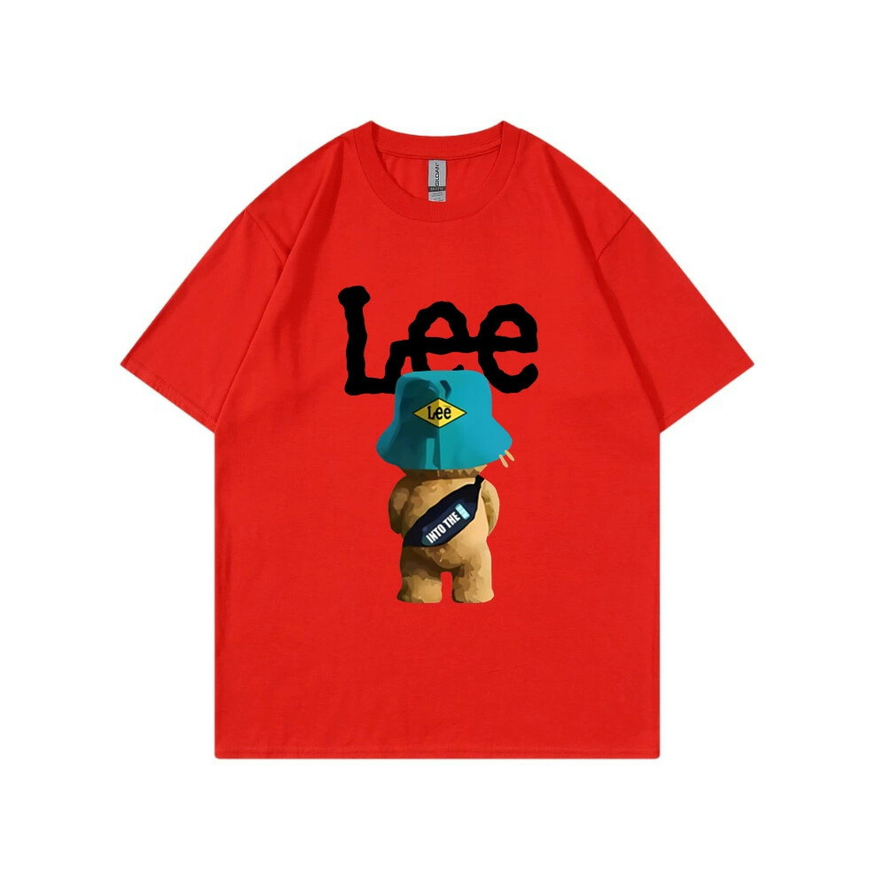 (Red, XXL) 2025 LEE Short Sleeve T-Shirt for Men and Women, Summer Loose Pure Cotton Basic Shirt, Fashion Couple Outfit, Casual Top