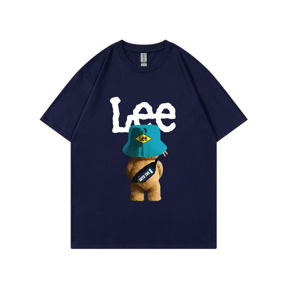 (Navy, S) 2025 LEE Short Sleeve T-Shirt for Men and Women, Summer Loose Pure Cotton Basic Shirt, Fashion Couple Outfit, Casual Top